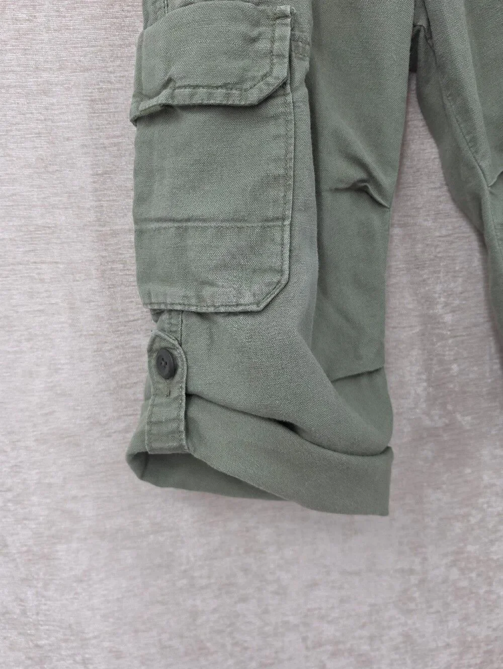 Y2K Linen Cotton Boys Olive Green Cargo Pants Drawstring Waist Roll Tab Ankle